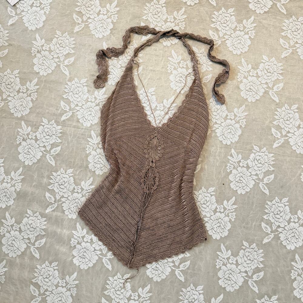 Y2K Bebe Brown Crochet Halter Top Size S